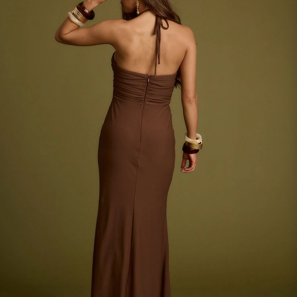 12th Tribe Backless Brown Halter Maxi Dress - Picture 3 of 8